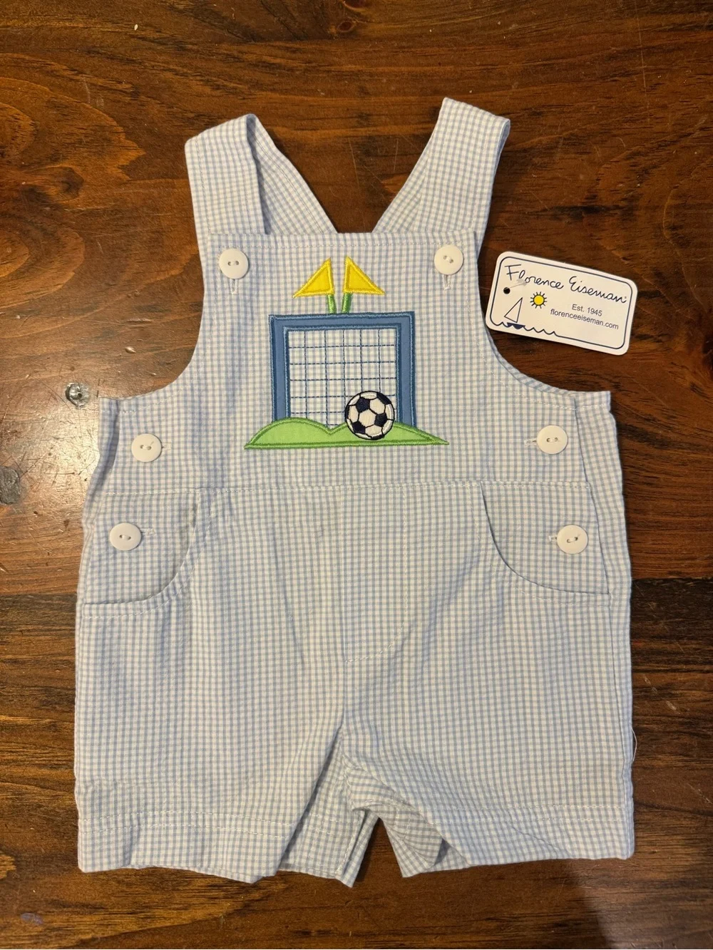 NWT Florence Eiseman Light Blue Seersucker Soccer Applique Shortall 3 Month